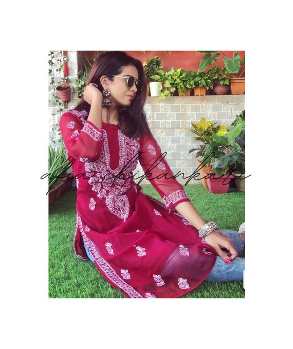 Chikankari Kurti Handmade dark Burgundy : soft Georgette Gala Booti Work