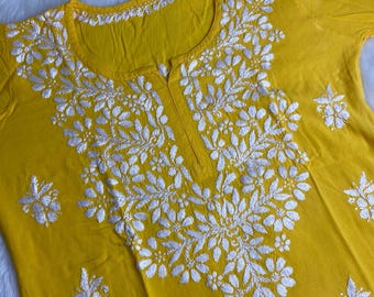 Chikankari kurti short yellow soft rayon: Handcrafted Embroidered tunic, Lucknowi Ethnic Wear