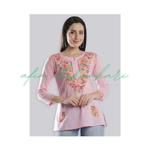 Kurti Chikankari Kashmiri design Soft cotton Fabric Pink short kurti Indian Traditional and Ethnic wear Chikankari for daily & festive wear