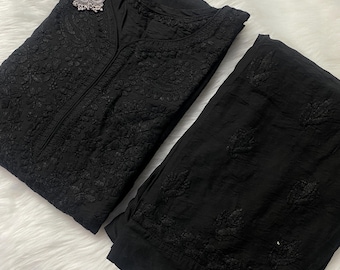 Chikankari Kurti Palazzo Set hand-embroidered: Elegant dark black color – soft chanderi fabric