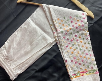 Pantalones blancos Lucknowi bordados a mano: elásticos, suaves con bolsillos dobles, talla hasta 40