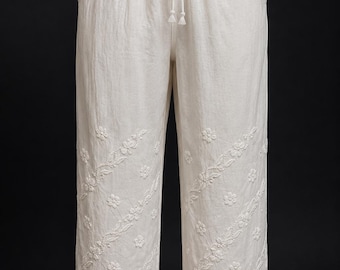 Pantalones blancos Chikankari para mujer, pantalones de algodón Lucknowi bordados a mano, talla única, doble bolsillo.