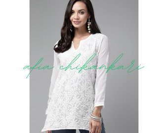 Afia Lucknowi Chikankari white color georgette fabric short kurti handmade, handcrafted and hand embroidered to be paired with jeans