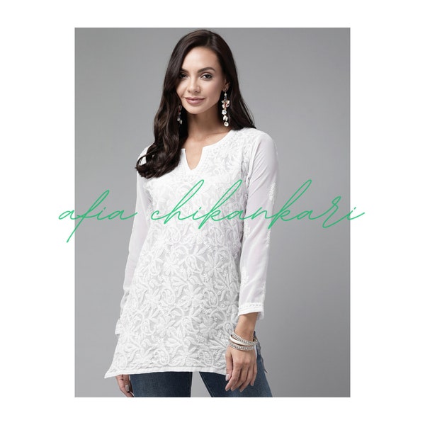 Afia Lucknowi Chikankari white color georgette fabric short kurti handmade, handcrafted and hand embroidered to be paired with jeans