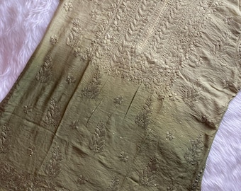 Chikankari Short Kurti olive green Ombre Chanderi fabric – Hand-embroidered with Fine Sequins Work tunic