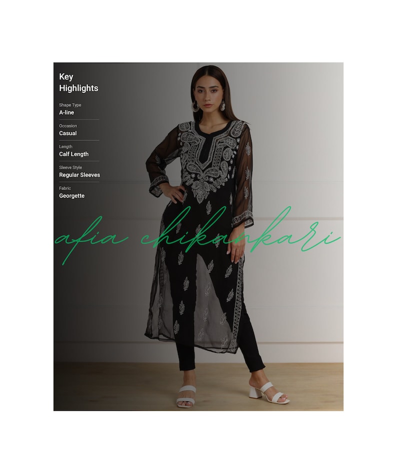 May include: A black A-line calf-length dress with white embroidery. The dress is made of georgette fabric and has regular sleeves.