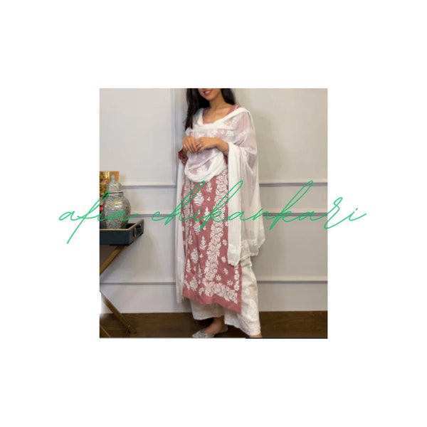 Afia Lucknowi Chikankari Tissu pur georgette super confortable fait et brodé à la main couleur blanche dupatta