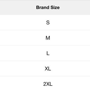 May include: A white chart displays clothing size measurements. Sizes range from S to 2XL, with corresponding chest/bust, waist, and shoulder measurements in inches. Brand sizes are also listed.