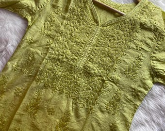 Chikankari Short Kurti lime green Ombre Chanderi fabric – Hand-embroidered with Fine Sequins Work tunic