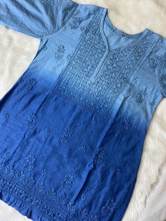 Chikankari Short Kurti Ombre Blue Chanderi fabric – Hand-embroidered with Fine Sequins Work tunic