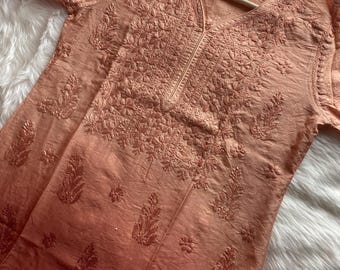Chikankari Short Kurti peach-rust Ombre Chanderi fabric – Hand-embroidered with Fine Sequins Work tunic