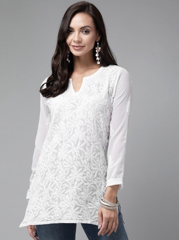 Georgette Chikankari Short Kurti For Girl Ethnic Wear Short Kurti For Jeans