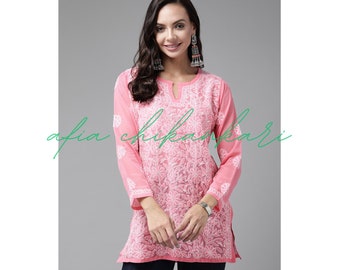 Afia Lucknowi Chikankari pink color georgette fabric short kurti handmade, handcrafted and hand embroidered to be paired with jeans
