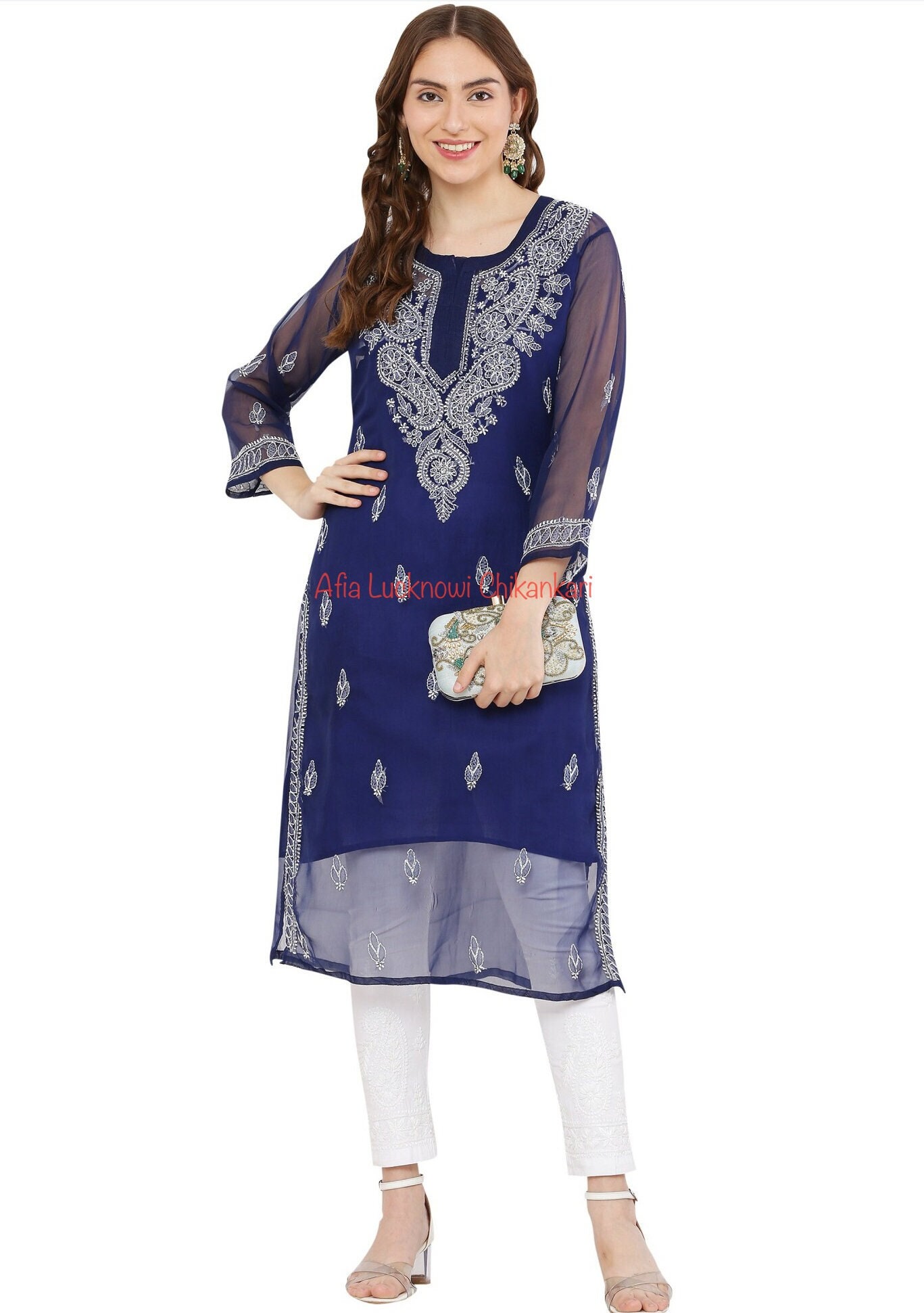 Royal blue plain silk stitched party-wear-kurtis - Manjubaa Clothing -  2066812