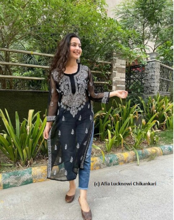 ISHIEQA's Black Cotton Chikankari Kurti - LC0401A | Black kurti, A line  kurti, Angrakha style