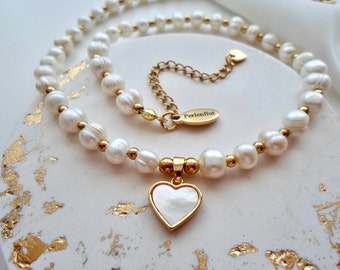 Süßwasserperlen Kette mit Herz 18k | Perlmutt Herz Kette weiß | Perlen Choker | Geschenk für Sie | Verlobung | Hochzeit