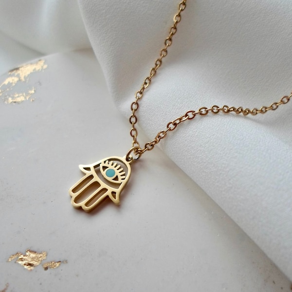 Hamsa Hand Kette gold | Fatima Hand mit Auge Kette 14k vergoldet | spiritueller Schmuck | Glücksbringer