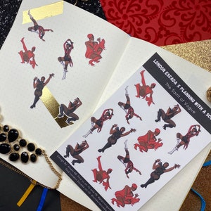 May include: A set of 15 stickers featuring a black and red illustration of a person in a dance pose. The stickers are on a white background and have the text "LONDON ESCADA X PLANNING WITH A SCORPIO The Saint of Vogue" at the top. The text "Design By: Angus10 and planningwithascorpio Find London Escada on IG @london.escada" is at the bottom.
