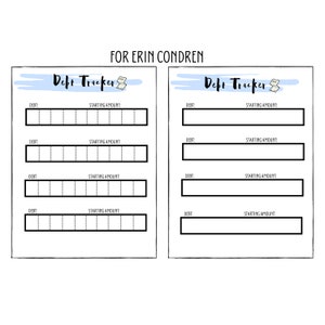 Pode incluir: Um rastreador de dívidas imprimível com um fundo de aquarela azul e o texto "Debt Tracker" em preto. O rastreador tem quatro seções para listar as dívidas e seus valores iniciais.