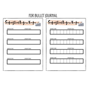 Pode incluir: Rastreador de progresso de fundo de reserva imprimível para bullet journal. Duas páginas com quatro seções cada uma para acompanhar as metas de poupança. Cada seção tem um espaço para o nome do fundo de reserva e a meta de valor.
