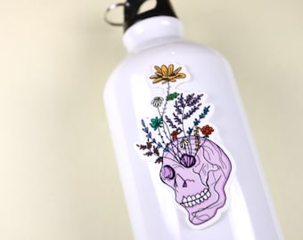 Pegatina de cráneo floral de vinilo mate impermeable ? Pegatina de Calavera Mínima (Calavera) Pegatina de botella de agua floral ? Coche, ordenador portátil, funda de teléfono, pegatina de cuaderno