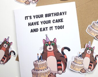 Handmade Cake Cat Birthday Greeting Card | Cat Greeting Card | Funny Birthday Card | Blank Birthday Greeting Card | Rye's Birthday Cake!