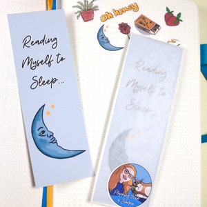 Handmade Moon Bookmark | Book Lover Gift | Minimal Hand Drawn Bookmark | Cute Bookmark | Cardstock Bookmark | &quot;Reading Myself to Sleep&quot;