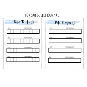 Pode incluir: Um rastreador de dívidas imprimível para um bullet journal de 5x8 polegadas. O rastreador tem um fundo azul claro com as palavras "Debt Tracker" em texto preto. Existem quatro seções para listar as dívidas e os montantes iniciais.