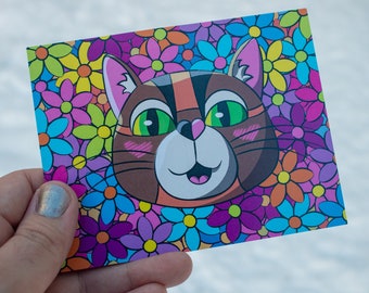 Blushing Rye Floral Post Card | Hand Drawn Art Post Card | Spring Gift | Valentine's Day Art Print | Rainbow Floral Cat
