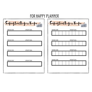 Pode incluir: Rastreador de progresso de fundo de reserva imprimível com duas páginas, cada uma com quatro seções para listar os fundos de reserva e suas metas. O rastreador tem o título "Rastreador de progresso de fundo de reserva" e um gráfico de moedas empilhadas com uma seta para cima.