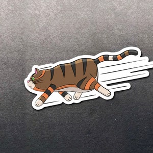 May include: A cartoon illustration of a brown and orange tabby cat running with a white background and a motion blur effect.