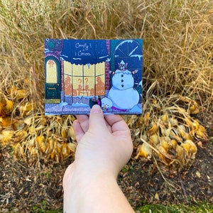 Rye the Snow Cat Post Card / Hand Drawn Art Post Card / Winter Holiday Gift / Winter Art Print / Cat and Snowman Design