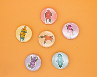Flower Femme Pin Badge Set | Set of 6 Hand Drawn Pins | Self Love Pins | Body Positivity | Pin Badge for Backpacks, Hats, Jackets, and Masks