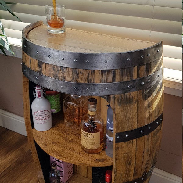 Scottish Solid Oak Half Whisky Barrel Handcrafted -  Drinks cabinet - Mini Bar - Man cave - drinks cart - Cocktail cabinet - barrel bar. Gin
