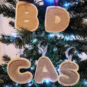 K&ouml;nnte beinhalten: Goldene und silberne Glitzer-Filzbuchstaben-Ornamente, die den Namen "BD CAS" buchstabieren. Die Ornamente h&auml;ngen an einem gr&uuml;nen Weihnachtsbaum.