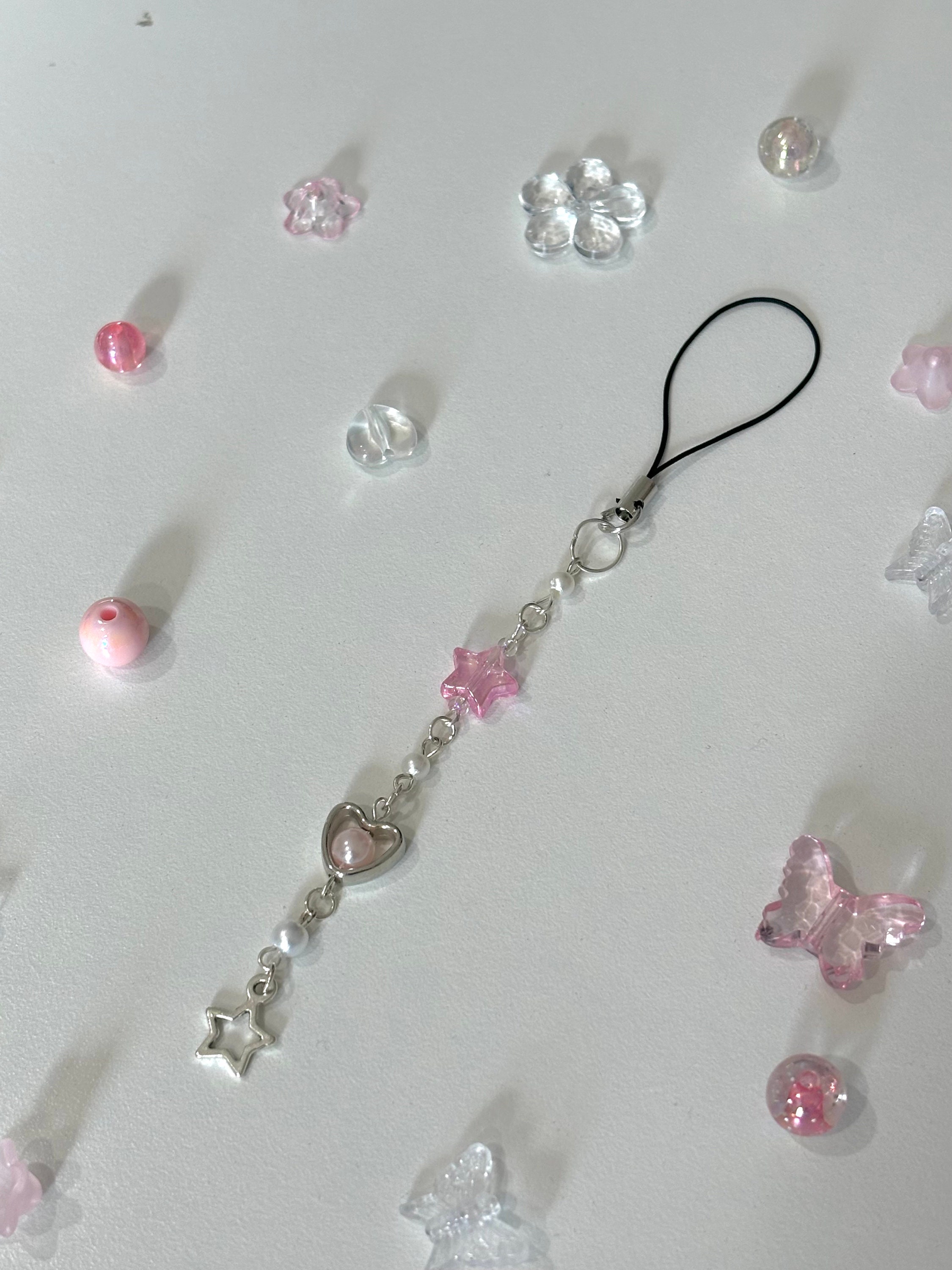 Pink Beaded Keychain Keychain Pink Phone Strap, Cute Coquette Star ...