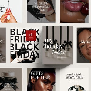 May include: A collection of promotional images with text related to Black Friday and beauty treatments. The images feature text like "Exclusive Black Friday Offers," "Glow Sale," and "Gifts for Her." Other images show close-ups of lips and faces.