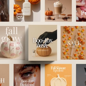 May include: A collage of images with a fall theme. Includes a pumpkin, a bottle of sunscreen, a latte, and a syringe with candy corn. Text includes "Fall Glow", "Boo-tox bash", and "Sale".