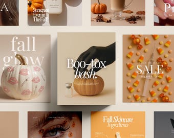 May include: A collage of images with a fall theme. Includes a pumpkin, a bottle of sunscreen, a latte, and a syringe with candy corn. Text includes "Fall Glow", "Boo-tox bash", and "Sale".