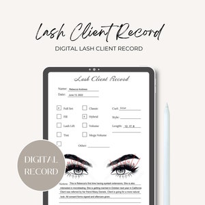 Op de afbeelding: Een digitaal wimpers klantenregistratieformulier met een checklist voor wimperservices, waaronder een volledige set, vullen, wimpers liften, tint, klassiek, hybride, volume, mega volume, krul, stijl en lengte. Het formulier bevat ook een ruimte voor notities en een tekening van twee ogen met wimpers.