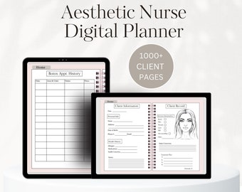 May include: Two digital planner pages for an aesthetic nurse. The first page is a table for tracking Botox appointments. The second page has sections for client information, services, and a client record. The client record section includes a drawing of a woman's face.