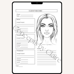 May include: A black and white printable client record form for a beauty salon or spa. The form includes sections for client information, treatment details, and notes. A line drawing of a woman's face is in the upper right corner.
