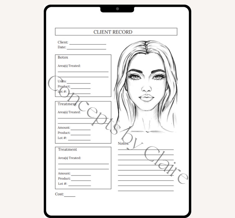May include: A black and white printable client record form for a beauty salon or spa. The form includes sections for client information, treatment details, and notes. A line drawing of a woman's face is in the upper right corner.