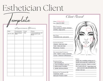 May include: A black and white illustration of a woman's face with red circles highlighting areas of concern. The text on the page includes "Client Record", "Ashley Smith", "June 20, 2022", "Skin Concerns", "Acne scarring on cheeks, forehead wrinkles, large pores", "Skin Type", "Combination skin, acne prone", "Current Products", "Cleanser: Clean and Clear", "Toner: Clean and Clear", "Moisturizer: Aveeno", "Recommended Products", "Vivier: Vitamin C serum, sunscreen", "Cerave: Cleanser & Moisturizer", "Treatment Plan", "1. Microneedling X4", "2. Clear & Brilliant Laser X3", "3. Botox-every 4 months", "4. Update skincare products", "Estimate for Treatment ($)", "Treatments: $3400", "Skincare Products: $250", "Notes", "Ashley has a wedding coming up in 8 months and would like to address her skincare concerns. Client is a mom of a 2 year old son. Client does not wear sunscreen daily and spends a lot of time in the sun."