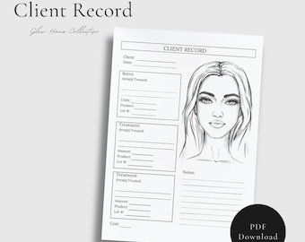 May include: A printable client record form for a nurse injector. The form includes sections for client information, Botox treatments, and other treatments. The form also includes a space for notes and a drawing of a woman's face.