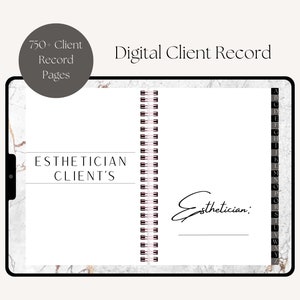 Può includere: Un libro di registrazione clienti digitale con uno sfondo in marmo. La copertina ha il testo "Esthetician Client's" e uno spazio per una firma. Il libro ha una rilegatura a spirale.
