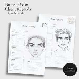 May include: A printable client record template for a nurse injector. The template includes sections for client information, treatment details, and notes. The template features a black and white illustration of a woman's face on the left side and a man's face on the right side.