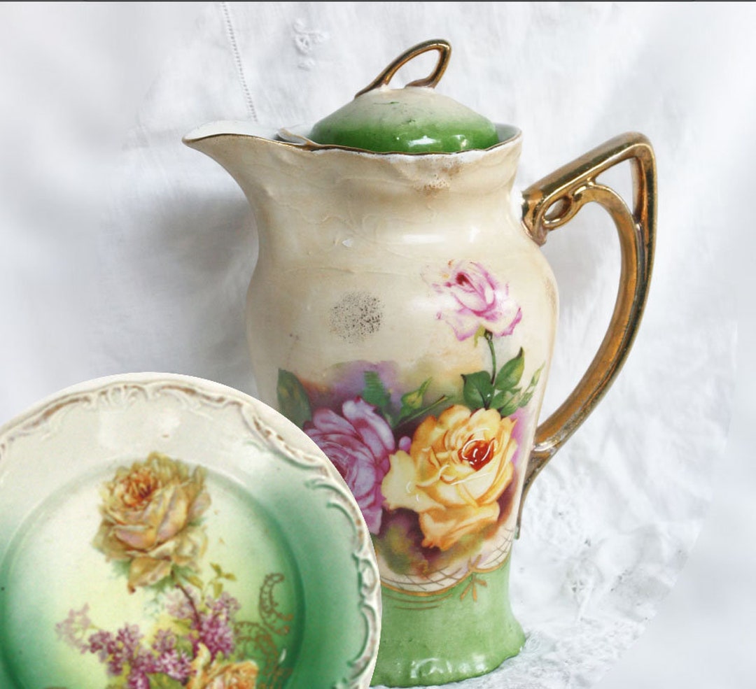 Antique Handpainted German Chocolate Pot With Under Plate Etsy