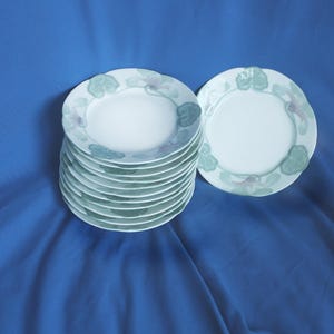 May include: A stack of ten white ceramic plates with a green and white floral design. The plates are stacked on a blue surface.
