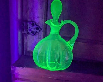 Antique Czech Bohemian Hand Blown Uranium Green Cruet Art Deco